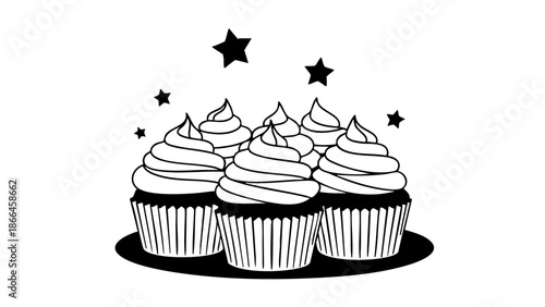 A delightful group of cupcakes decorated with frosting, arranged on a plate, and adorned with star decorations