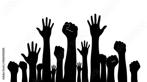 A crowd of hands raised in solidarity and defiance, expressing unity and collective strength