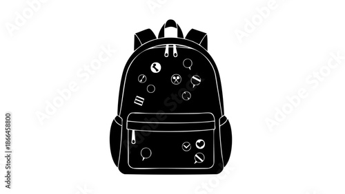 A stylish black backpack with multiple stickers on it. The backpack has a front pocket and two shoulder straps and a handle on top. 