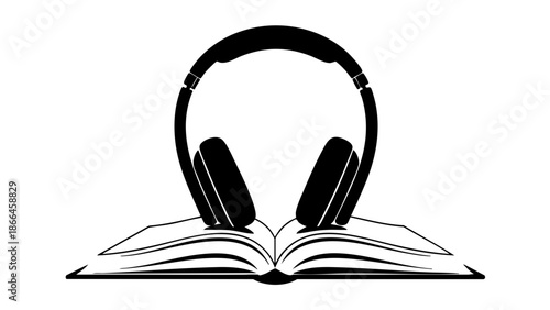 A stylized image of headphones resting on an open book, symbolizing audio learning and reading. A visual representation of knowledge, education, and auditory learning