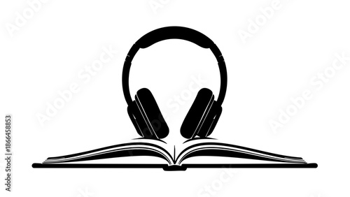 An open book with a headphone on top, symbolizing audio learning or reading.