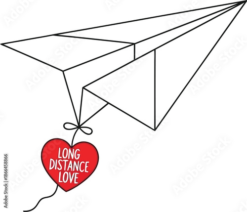 Minimalist line art illustration of a paper airplane carrying a bright red heart symbolizing a heartfelt message of long distance love traveling across boundaries.