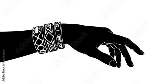A stylized, black silhouette of a hand adorned with detailed bracelets