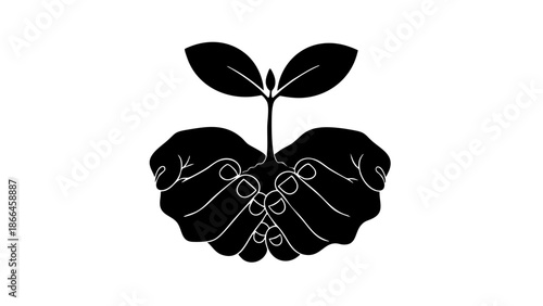 A silhouette of hands cradling a young plant, symbolizing growth and environmental care