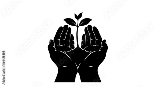 A nurturing illustration of hands cradling a growing plant, symbolizing care and growth. This image depicts a sprout being carefully nurtured by two hands