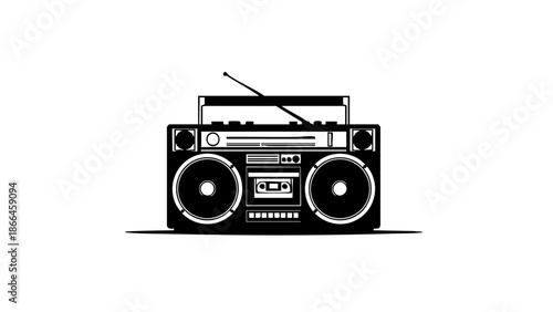 Vintage boombox in black and white illustration. This retro device brings back memories of the golden era of hip-hop and street culture. The image showcases the iconic design of a classic boombox.