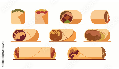 Mexican burrito street food vector set isolated on white background for tasty food design