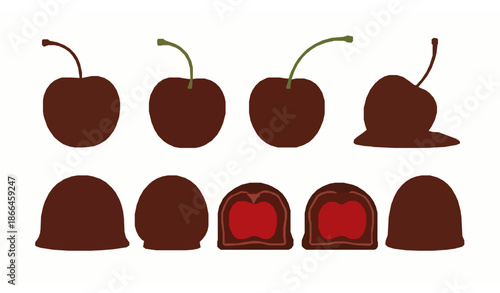Gourmet chocolate covered cherry candy vector illustration set isolated on white background