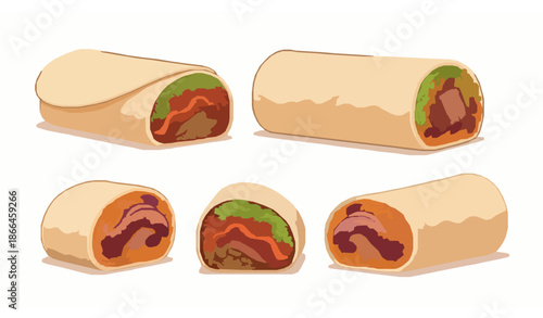 Realistic Mexican burrito food vector illustration set isolated on white background for street food marketing