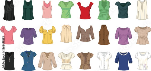 Women blouse and top collection, colorful female fashion shirts illustration set isolated on white background vector design, modern, stylish, apparel