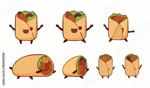 Cute cartoon burrito vector collection isolated on white background for fun Mexican food illustrations