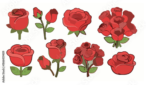 Cute cartoon red roses vector collection isolated on white background for cheerful flower illustrations