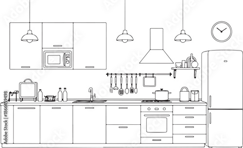 Modern kitchen interior line icon set furniture appliances home design symbols