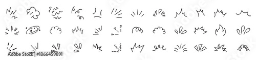Set of hand-drawn comic style doodle elements, including motion lines, bursts, and expressive marks. Perfect for cartoons, manga, or creative design projects