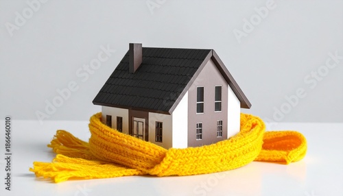 House wrapped in yellow scarf symbolizing warmth and insulation