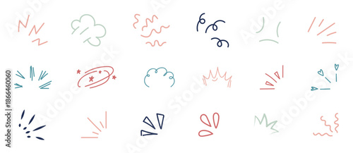 Set of cute line doodle hand drawn icons in manga Japanese style. Comic motion, movement, magic, twinkle effect. Naive childish playful whimsical crayon scribbles. Spark, confetti, stars, heart shapes
