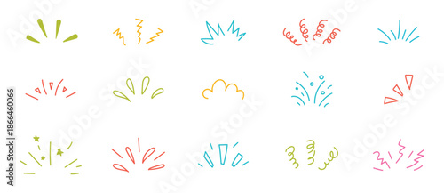 Set of cute line doodle hand drawn icons in manga Japanese style. Comic motion, movement, magic, twinkle effect. Naive childish playful whimsical crayon scribbles. Spark, confetti, stars, heart shapes