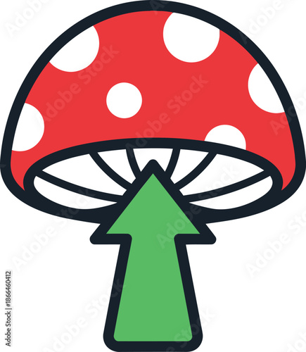 A cartoon mushroom silhouette with red cap and white spots on a white background