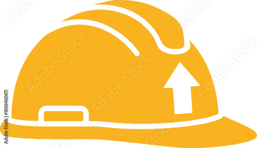 Silhouette of a yellow hard hat with white outline and arrow