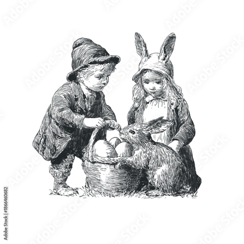 Vintage Easter illustration of children in period clothing collecting Easter eggs, drawn as a nostalgic 19th century ink engraving with fine cross-hatched detail. Vector pencil sketch