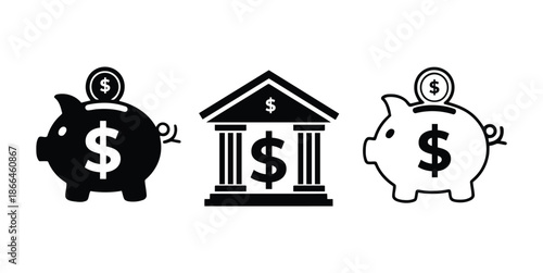 Black and white piggy bank icons with bank and dollar sign on isolated for finance concepts