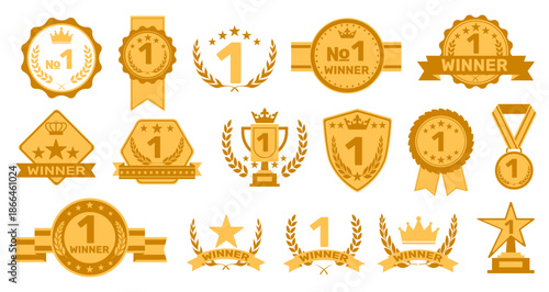 Winner flat labels. Award gold badges with cups ribbons and golden crowns, medals design, trophy stickers and emblems, premium quality best tags, first place qualitative vector isolated set