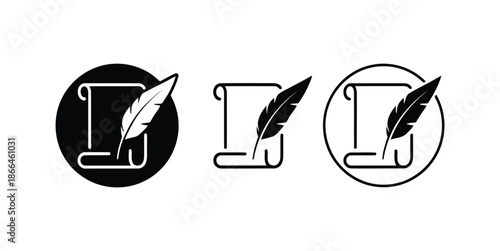 Set of quill pen and scroll icons in black, white, and outlined