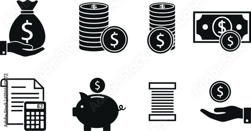 Financial business icons featuring money bag gold coins dollar banknotes piggy bank and calculator for banking and investment concept vector