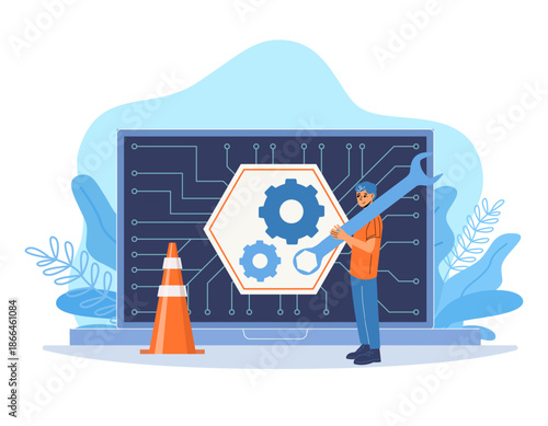 Troubleshooting problems in computer system. Man with wrench near open laptop, website maintenance, software update, repair system, developer male character vector cartoon isolated concept