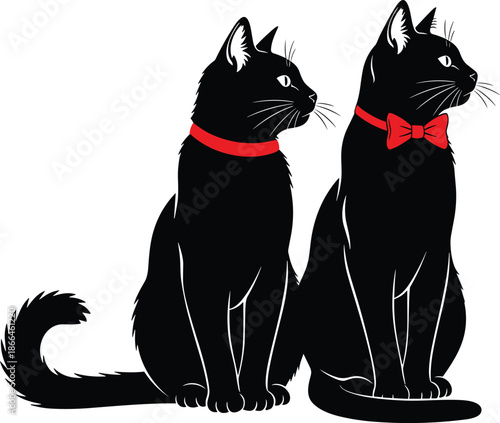 Black cat silhouette couple, elegant feline illustration, cute pets with red bow tie, minimalist animal vector, isolated white background, design