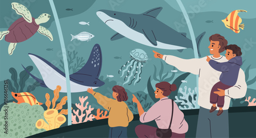 Oceanarium visitors. Happy family in aquarium, parents with children watch marine animals, shark, underwater turtle, jellyfish, weekend entertainment together garish vector cartoon concept