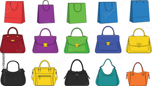 Colorful shopping bags and women handbags collection, retail fashion accessories illustration set isolated on white background vector design