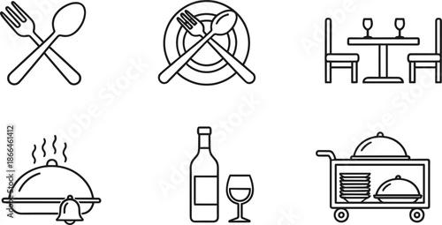 Professional restaurant and fine dining icons featuring cutlery plate table setting wine bottle and food service cart line art vector