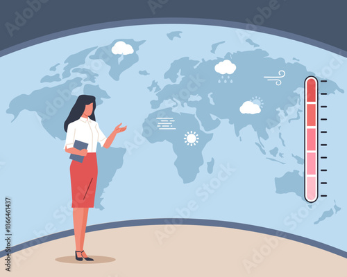 Meteorology. Weather forecast presenter has large screen with map and precipitation icon, global weather in TV studio, thermometer showing rising temperature vector cartoon isolated concept