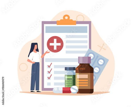 Medical insurance, medical expenses. Woman familiarizes herself with documentation of medicines, treatment plan, checklist, bottles and pills, vitamin and antibiotic, vector cartoon concept