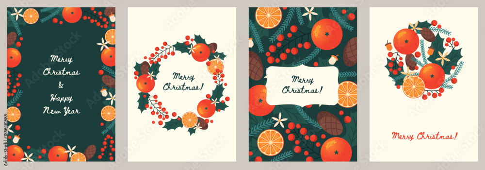 Fototapeta premium Mandarin christmas cards. Fresh orange citrus, wreaths and frames, winter holidays spirit, twigs, berries and fruits decor, decorative background with text tidy vector isolated set