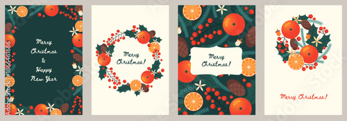 Mandarin christmas cards. Fresh orange citrus, wreaths and frames, winter holidays spirit, twigs, berries and fruits decor, decorative background with text tidy vector isolated set