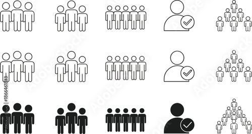 Professional business people icons showing team silhouettes group structure and verified user profiles in outline and flat solid black style