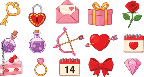 Large collection of Valentine’s Day romantic icons including rose love letter heart key diamond ring and calendar for holiday design