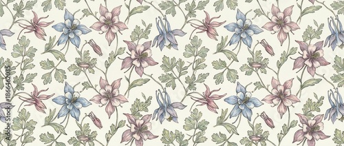 Vintage botanical pattern with pink and blue columbine flowers