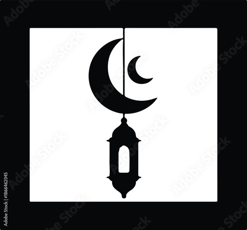 Silhouette crescent moon with hanging lantern and smaller moon Vector Illustration