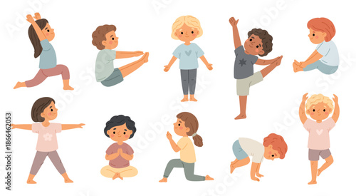 Funny children practice yoga. Kids in different gymnastic poses, physical development and health, flexibility fitness exercises, balance and wellness garish vector cartoon flat style set