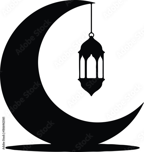 Silhouette crescent moon with hanging lantern Islamic celebration Vector Illustration