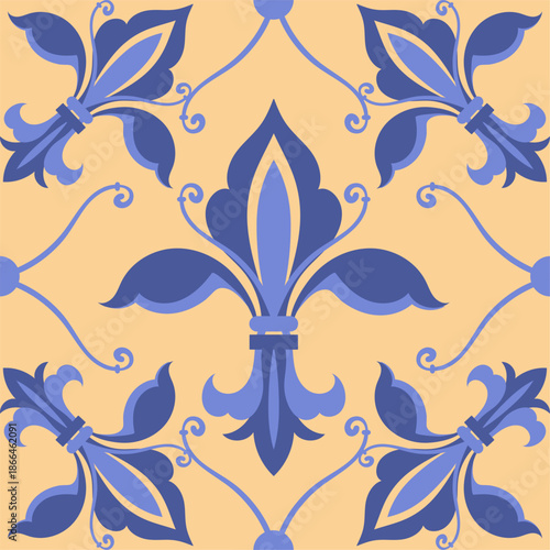 Fleurs de lis seamless pattern. Vintage decorative element, stylized lily flower, royal heraldic french symbol, decor textile, wrapping paper, wallpaper. Splendid vector background