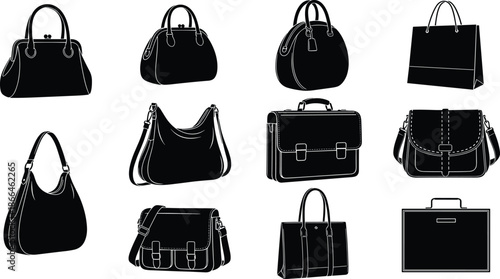 Handbag and briefcase silhouette collection, women purses and business bags illustration set isolated on white background vector design