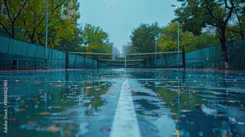 wide shot of empty tennis court during heavy rain, puddles forming