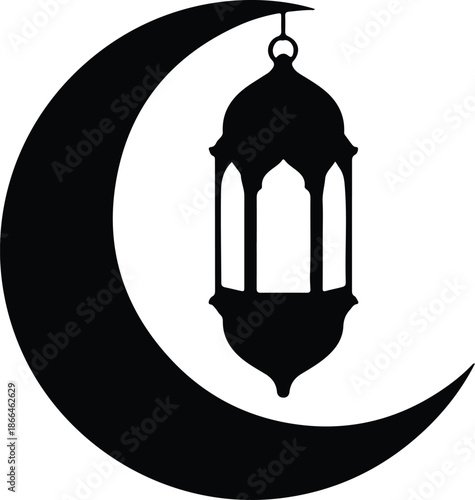 Silhouette Islamic lantern hanging on crescent moon vector illustration