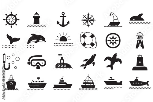 Nautical Sea Life Icons for Maritime and Travel UI Systems