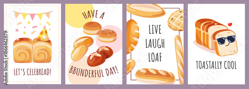 Cartoon bread cards. Flour products of various types, rolls, toasts, loaves and baguette, fresh bakery, tasty pastries, bakery marketing and packaging design, classy vector isolated set