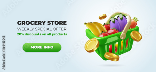 Cartoon 3d grocery basket. Rendered glossy plastic shopping cart with vegetables and fruits harvest, gold coins, online purchasing, promoting web banner, buy products, classy vector concept
